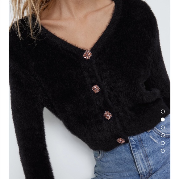 Zara faux fur cardigan black jewel button large - Picture 3 of 6